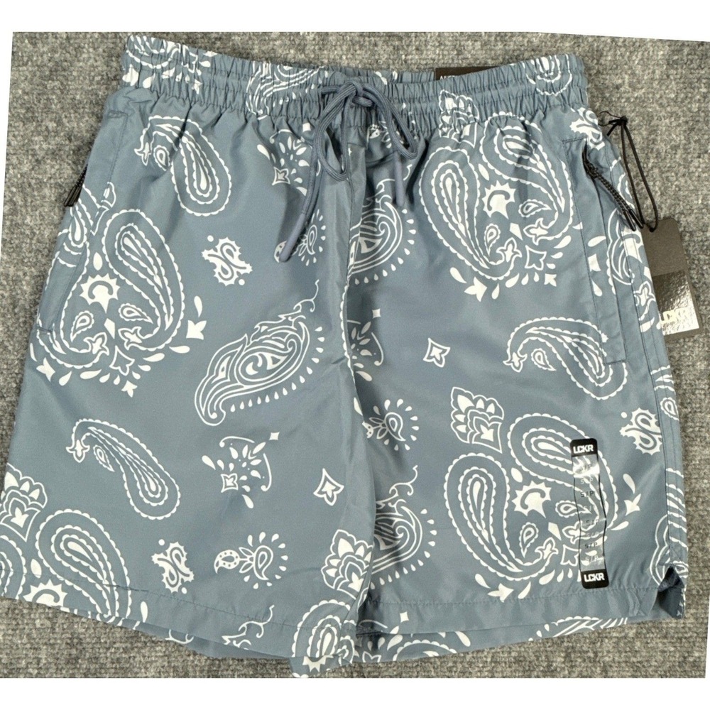 LCKR Mens Small Blue White Paisley Zip Pockets Athletic Gym Shorts NWT